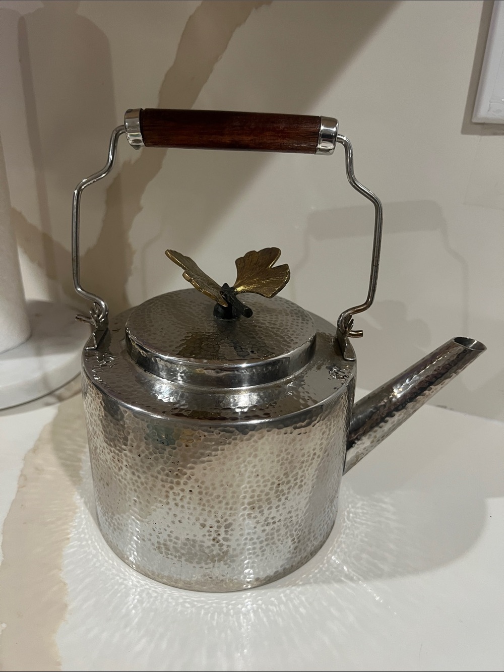 Michael Aram Silver Hammered Teapot with Wood Handle and Brass Leaf. Used.